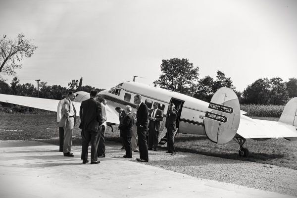 Journalists arrive for
 "Speedostat" Press
     Conference - 1957